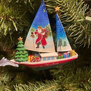 Festive Red and Blue Sailboat Christmas Ornament